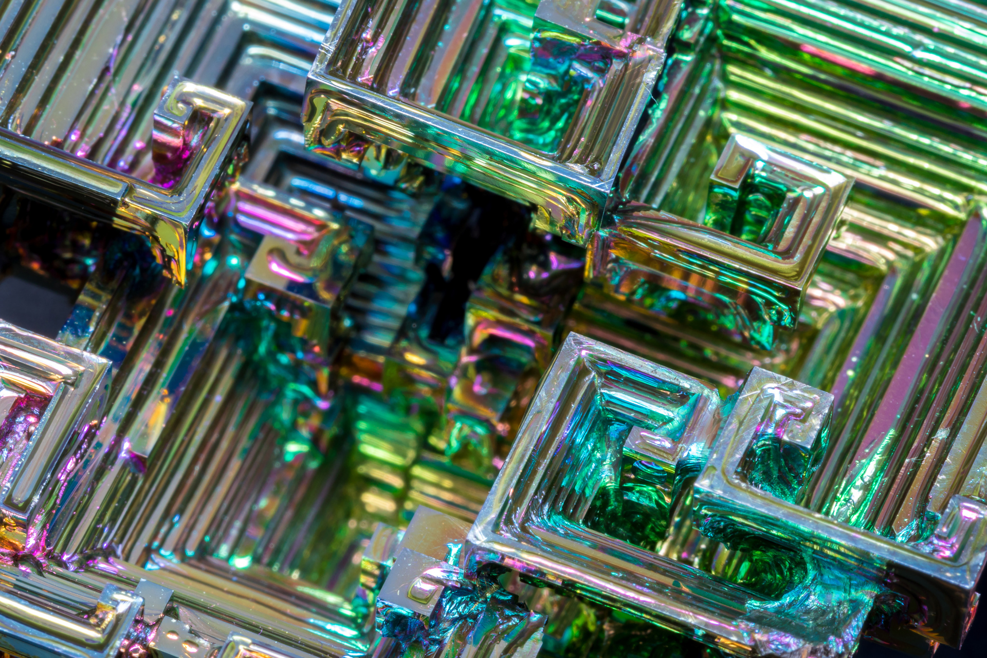 Close-up of iridescent bismuth crystals