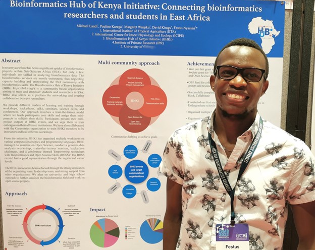 Festus Nyasimi of the Bioinformatics Hub of Kenya presenting at the Intelligent Systems for Molecular Biology (ISMB) 2022 in Madison, Wisconsin. Image credit: Twitter @Festus_nyasimi