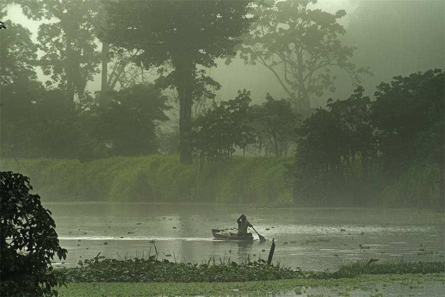 WHW_5791 A riverside resident enters the Anuncho channel to try to catch the catch of the day. Cocha El Dorado. Pacaya-Samiria National Reserve, Loreto