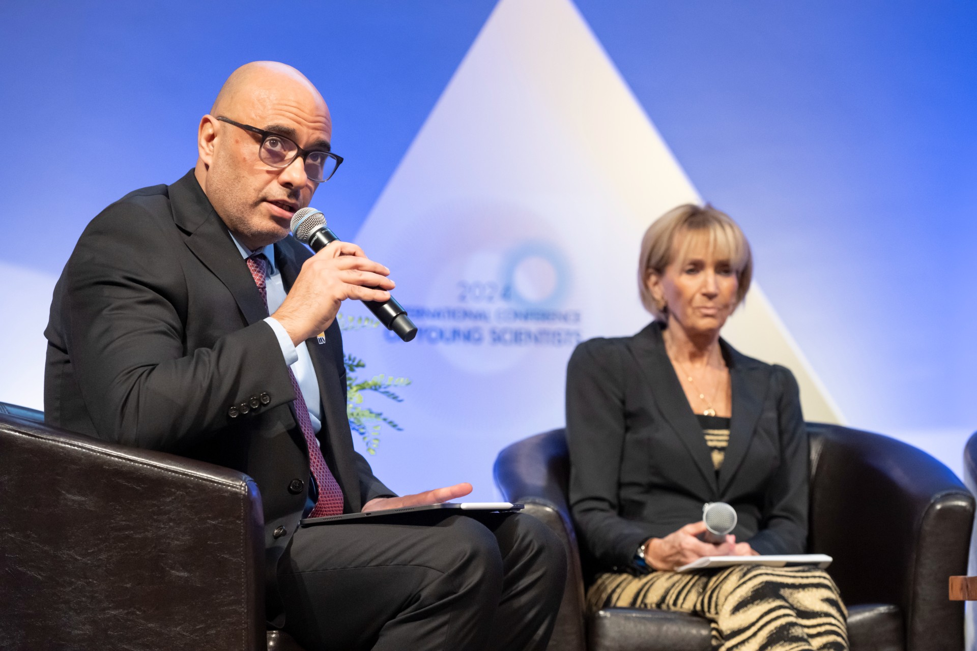 Hussam at the 2024 International Conference of Young Scientists with Dr. Marcia McNutt