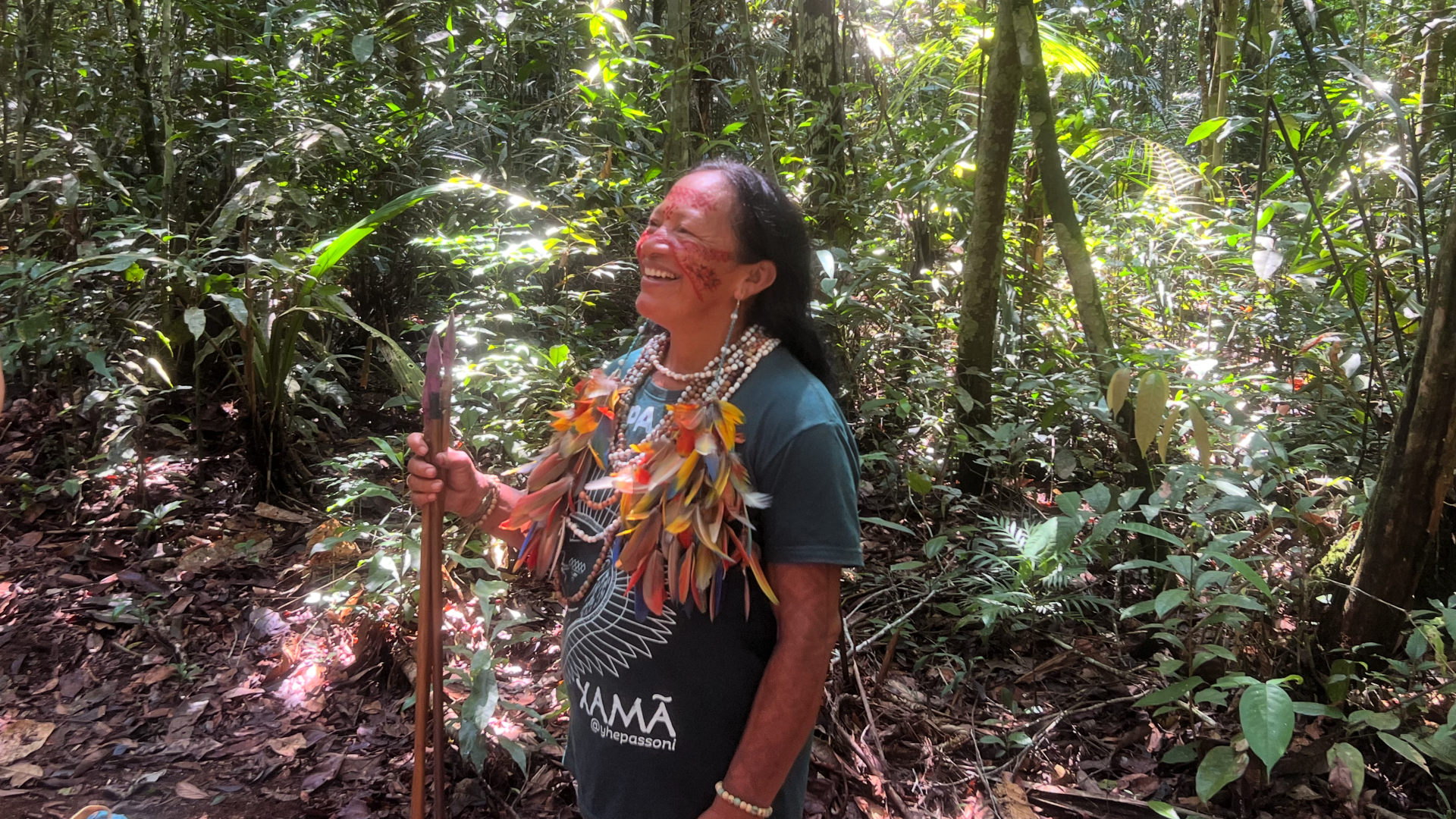 Carmem Prado Godinho, known by her Indigenous name Racü, meaning “a bird that enchants,” gives a tour of the trail through the Brazilian Amazon created by her Tatuyo community.